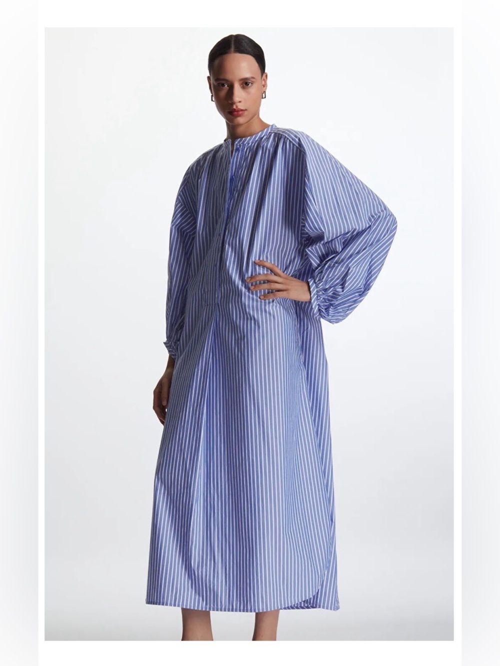 COS Blue and White Poplin Vertical Stripe Long Sleeve Shirt Dress